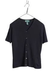 【お得なクーポン配布中!】 00s LAUREN ラルフローレン 高級 100% シルク 半袖 ニット カーディガン レディース L オールド ポロ 薄手 前開き 羽織り セーター 黒 無地