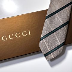 美品 GUCCI グッチ ネクタイ シルク100% ベージュ グリーン TTGG-62