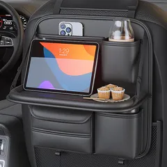 シートポケット カー用品 便利グッズ 車内 ドリンクホルダー 大容量 ディッシュケース付き iPad収納ポケット 車用収納ポケット レザー素材 多機能 汚れ防止 ショートスタイル 折りたたみ テーブル機能付き 後部座席収納 ブラック 車用シートバックポケット