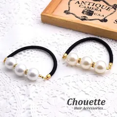 三連パール&ロンデルのヘアゴム   h-425 ホワイト