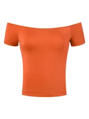 Allegra K オフショルダー トップス tシャツ カットソー 肩だし 着痩せ 半袖 無地 肩見せ レディース オレンジ S