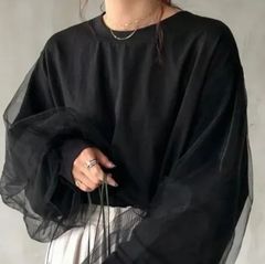 ［体系カバーも］ルーズフィット ビッグスリーブシアー ブラウス シースルートップス 高見え 着やせ ホワイト フラワー 花 お呼ばれ 結婚式お呼ばれ 綺麗めカジュアル ママブラウス クルーネック フリル　ラッフルディテール 通勤 ザラ イエナ アローズ