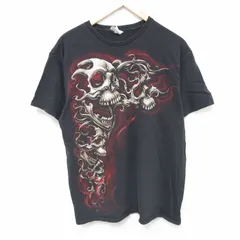 L/古着 半袖 Tシャツ メンズ スカル コットン クルーネック 黒 ブラック 24jun12 中古