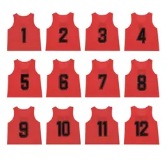 [NA] TOEPODO ビブス 子供 12枚 1～12番 裏表前後ろ番号あり 収納バッグ付き 10色展開 吸汗 軽量 良通気 男女兼用 サッカー バスケ フットサル学校 行事 自治体 運動会 (赤)