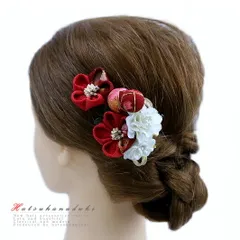 髪飾り 成人式 つまみ細工 赤 振袖 袴 浴衣 夏祭り 花火大会 2点セット 白 ちりめん 玉飾り 和柄 ヘアアクセ かんざし 和装 FTS No.9-3649