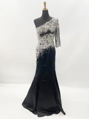 ロングドレス　ブラック　Ｓ　ワンショルダー　マーメイド　片袖七分丈　コンテスト・発表会・パーティ【オーダーメイド対応可】