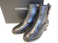 CHANEL シャネル キルティングレザー パールボタン サイドジップ アンクルブーツ 35 1/2C 22.5cm～23cm ブラック レディース