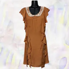 axes femme　アクシーズファム　ワンピース　ブラウン　レディース　レース襟　ウエストゴム　フリル袖　ウエストリボン