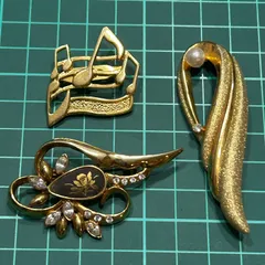 ヴィンテージ レトロブローチ3点セット 音符 象嵌 ゴールド パール調