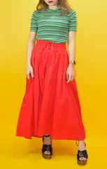 レースアップデザイン フレアロングスカート(RED)