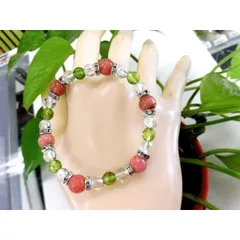 天然石 インカローズ+グリーン水晶(染)+水晶ブレスレット 内周：約16.2cm