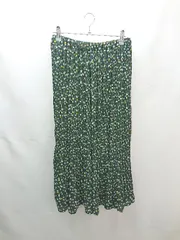 ◇ LOWRYS FARM ウエストゴム 裏地 プリーツ 花柄 シンプル ひざ丈 フレア スカート サイズM グリーン系 レディース E  【1304210016165】