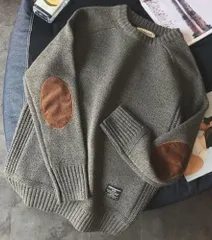 新品 チャルセーター メンズ エルボーパッチ付き ざっくりニット 丸首 長袖 シンプルデザイン 冬 着やすさ 厚手素材 kkk