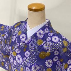 小紋 洗える着物 裄63.5cm 身丈157cm 花柄 袷 お洒落着 普段着 ポリエステル 紫 美品 S サイズ 3724