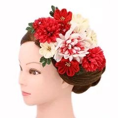 髪飾り 成人式 振袖 浴衣 卒業式 袴 結婚式 ２点セット 赤 白 花 和 洋 かんざし 手作り 簪 つまみ細工 ちりめんフォーマル 花飾り 玉飾り ブライダル W 56 304-311赤 白 p822　Si