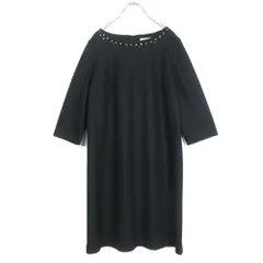 【極美品】自由区★きらきらビジュー♪七分袖ワンピース 大きいサイズ44 黒系 ウール100の上質素材♪z15716