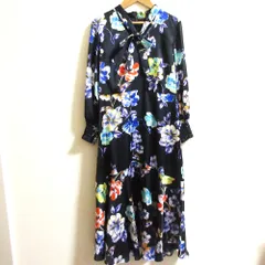 美品 GRACE CONTINENTAL グレースコンチネンタル ヘムフレアプリントワンピース 長袖 ロングドレス サイズ36 ネイビー レディース 古着 中古 USED