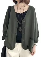 L_グリーン [NEKORA] [ネコラ] 6カラー カーディガン 長袖 Vネック 薄手 無地 アウター レディース M～XL (L, グリーン)