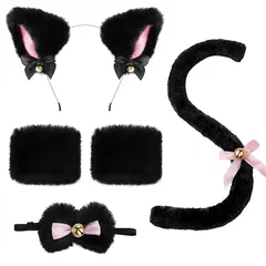 [Sucodver] 猫耳 カチューシャ しっぽ 首輪 手首カフス 4点セット やわらかい 鈴付き かわいい ハロウィン 祭り 活動 猫 コスプレ 小物 (ブラック) 1