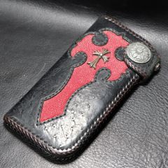 クロスインレイ バイカーウォレット オーストリッチ/スティングレイ クロスチャーム付き 財布 ロングウォレット 黒/赤