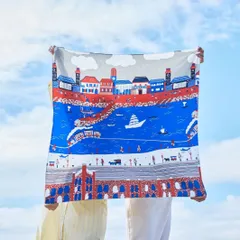 【横浜捺染】江金ガーゼの大判スカーフ｜港町の風景画（カモメ・港・馬車道）綿100