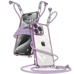iPhone15 Pro Max_紫 iPhone 15 Pro Max ケース クリア ショルダー iPhone15pro max スマホケース アイフォン15ProMax カバー 肩掛け 斜めかけ 縄掛けケース 透明 薄型 軽量 TPU 携帯ケース 紐付き