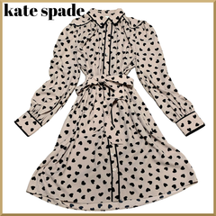 kate spade new york シャツワンピース リボン ハート柄 ベージュ×ブラック サイズS