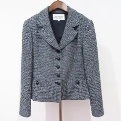 #wnc ジュンアシダ junashida ジャケット 9 黒 水色 ボーダー ツイード 日本製 美品 レディース [933995]