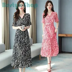 ロングワンピース レディース ワンピース ミモレ丈 Vネック 半袖 シフォン 花柄 大きいサイズ Aライン おしゃれ 大人 OL 通勤 着痩せ 20代 30代 40代 春 夏