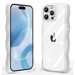 iPhone 16 Pro Max 用 ケース クリア 波状フレーム 耐衝撃 アイフォン 16 Pro Max 用 スマホケース かわいい 人気 可愛い 女性用 カバー 滑り止め ワイヤレス充電対応 ストラップホール付き ストラップ1種付き (ホワイト） 0