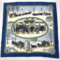 美品 HERMES エルメス カレ90 郵便馬車 LHIVER EN POSTE スカーフ シルク ブルー