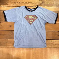 00s marvel super man / スーパーマン リンガーtシャツ 半袖 s~m程度 ワンポイントロゴ dc アメコミ 水色 染み込みプリント used