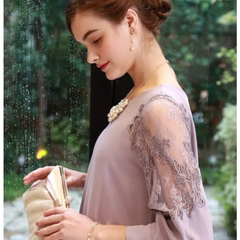 Dorry Doll　刺繍レーススリーブ　Aラインワンピース♪38 Mサイズ　ブルーグレー　ダークラベンダー　ネイビー色