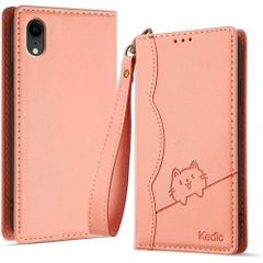 Kedic iPhone XR ケース 手帳型 アイフォンXR ケース 可愛い笑顔の猫模様 手作り iPhoneXR 携帯カバー iPhonexrスマホケース手帳型 おしゃれ カード入れ 財布型 と横方向のスタンドが 多機能 アイフォン ース ピンク 299