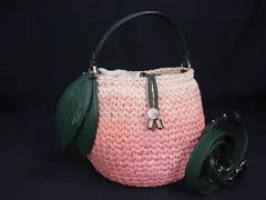 ■極美品■ kate spade ケイトスペード ストロー×レザー 桃 ピーチ 2WAY かごバッグ ショルダーバッグ 斜め掛け  ピンク系 FL5926