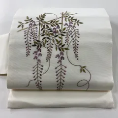 名古屋帯 秀品 藤 刺繍 箔 クリーム 正絹 【中古】