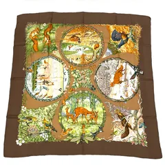 極美品 HERMES エルメス カレ90 LES QUATRE SAISONS 四季 ブラウン 動物 花 スカーフ シルク ブラワン