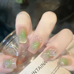 Color:D229 ネイルチップ 短め 24枚入 ジェルネイル ファッション グリーン系 ネイル カラージェル和風 結婚式ネイルチップ 3D爪 花柄 パール 蝶 花嫁ネイル 成人式 入学式 卒業式 結婚式 ウッドスティック ネイルファイル付き (D229)