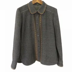 #w レリアン Leilian シャツ ブラウス 7号 黒系 霜降り 厚手 ウール 丸襟 レース 長袖 日本製 レディース 926141 k01