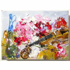 ★ 池田秀郎『ピンクの花とバイオリン（SM号）』油彩画・油絵　静物画　花瓶　楽器