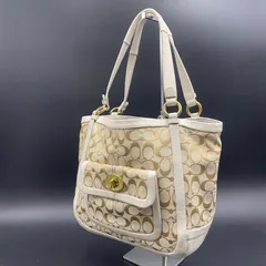 66 良品 COACH コーチ 13606 トートバッグ シグネチャー ベージュ×ホワイト キャンバス×レザー ターンロック レディース ブランド 鞄