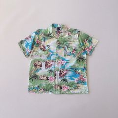 90s USA製　ステューシー アロハシャツ　オープンカラー　総柄　紺タグ　Stussy Aloha Hawaiian shirt Msize