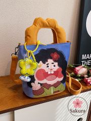 おもしろイラスト キャンバスバケツバッグ 斜めがけ 手提げ 肩掛けバッグ レディース 個性派 かわいい カートゥーン風 帆布 軽量 多機能
