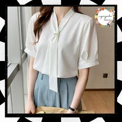 ボウタイブラウス 半袖 レディース 無地 	 Vネック シャツブラウス きれいめ とろみシャツ 大人女性 オフィスカジュアル ブラウス 白 おしゃれリボントップス薄手 オフィス ブラウス 夏服トップス韓国風 リボンブラウス上品 86XANYT-054