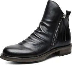 X-cross クロス レザーブーツ メンズ サイドジップ バイク ショートブーツ ファスナー付き 紐なし カジュアル ジッパー ビジネス おしゃれ かっこいい 履きやすい ストリート ファッション サイドジッパー(ブラック,  25.5 cm)