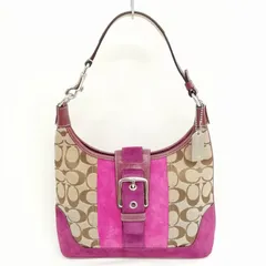コーチ COACH 7053 シグネチャー キャンバス スウェード ハンドバッグ ショルダーバッグ 美品 ベージュ パープル