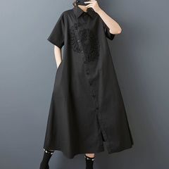 モード系  刺繍レース 個性派  ポロ襟  半袖  ミドル丈  シルエット ソリッド  レース  パールビーズ ニューデザイン  パッチワーク   ハーフスリーブ   Aライン   ミディシャツドレス