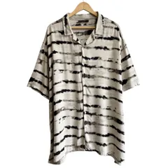 NO BOUNDARIES レーヨンシャツ ボーダー風 オープンカラー 開襟シャツ 総柄 柄シャツ デザインシャツ 半袖シャツ アイボリー×黒×カーキ 3XLサイズ No.Y687