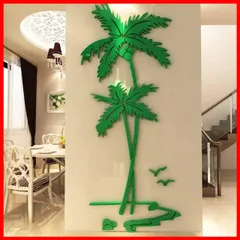 【特価セール】壁紙 ビーチ 模様替え DIY 3D シール グリーン 南国 ヤシの木 ブラウン 夏 ウォールステッカー (グリーン右90cmx40cm) umely
