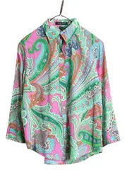 【お得なクーポン配布中!】 90s LAUREN ラルフローレン 総柄 7分袖 シャツ レディース M 古着 90年代 オールド ポロ コットン 長袖シャツ ブラウス マルチカラー 薄手